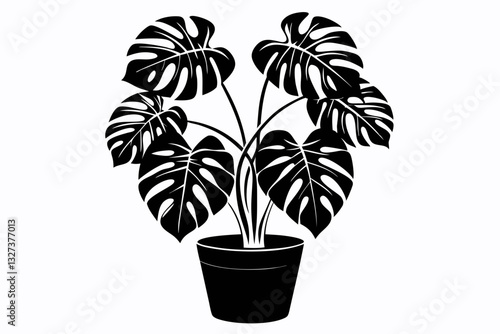 monstera deliciosa plant in pot line art silhouette vector illustration