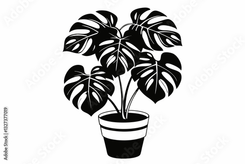 monstera deliciosa plant in pot line art silhouette vector illustration