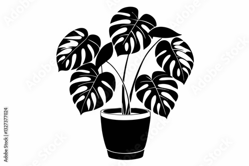 monstera deliciosa plant in pot line art silhouette vector illustration