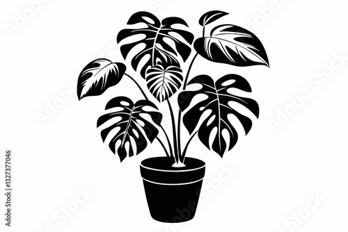 monstera deliciosa plant in pot line art silhouette vector illustration