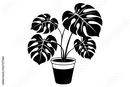 monstera deliciosa plant in pot line art silhouette vector illustration