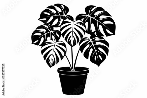 monstera deliciosa plant in pot line art silhouette vector illustration