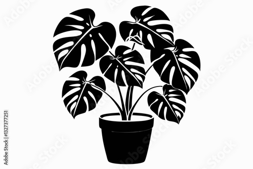 monstera deliciosa plant in pot line art silhouette vector illustration