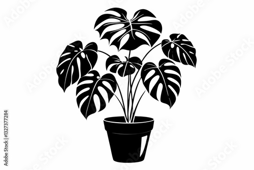 monstera deliciosa plant in pot line art silhouette vector illustration