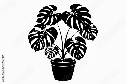 monstera deliciosa plant in pot line art silhouette vector illustration