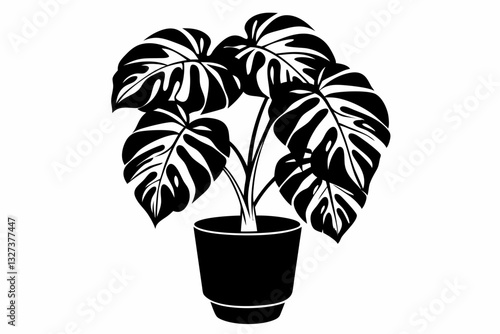 monstera deliciosa plant in pot line art silhouette vector illustration
