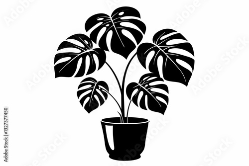 monstera deliciosa plant in pot line art silhouette vector illustration