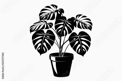monstera deliciosa plant in pot line art silhouette vector illustration