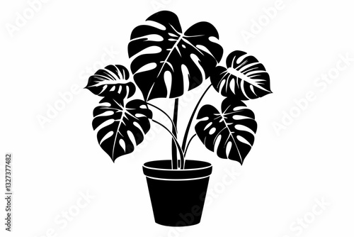 monstera deliciosa plant in pot line art silhouette vector illustration