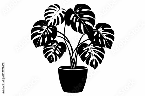 monstera deliciosa plant in pot line art silhouette vector illustration