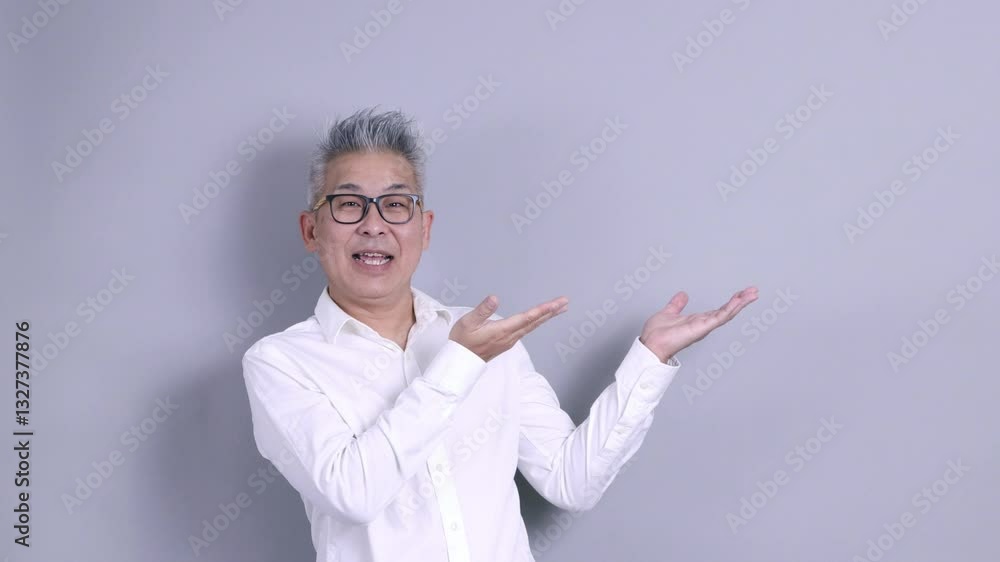 An East Asian senior businessman in a white shirt with glasses and grey hair is standing against a grey background. An East Asian senior businessman in a white shirt with glasses and grey hair is standing against a grey background.