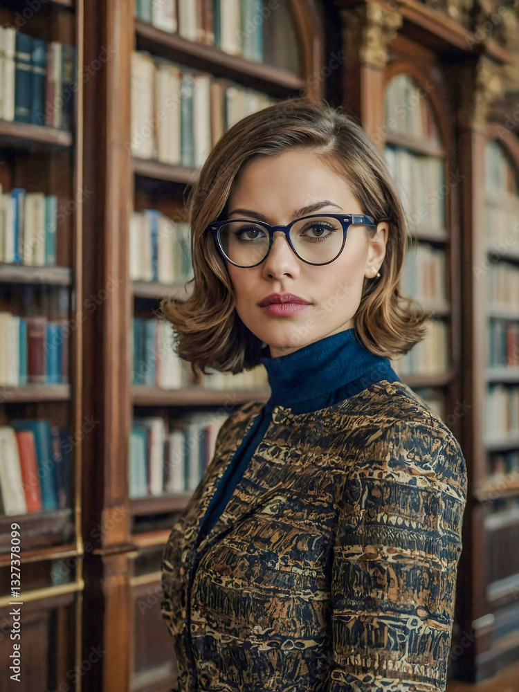 Elegant woman with glasses in a library setting. Elegant woman with glasses in a library setting.
