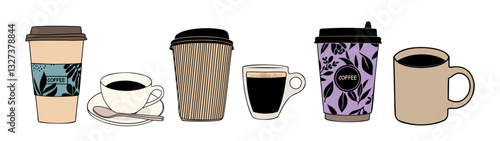 Set of different coffee cups, Hand drawn cartoon style cafe illustrations, colored outline icons, cafe logo, take out cups and various coffee sorts. Vector illustrations isolated 
