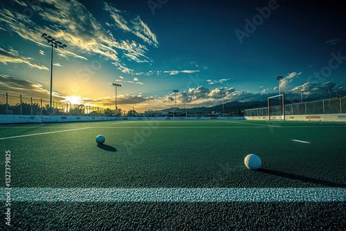 Field hockey pitch with lined field and goals, empty.