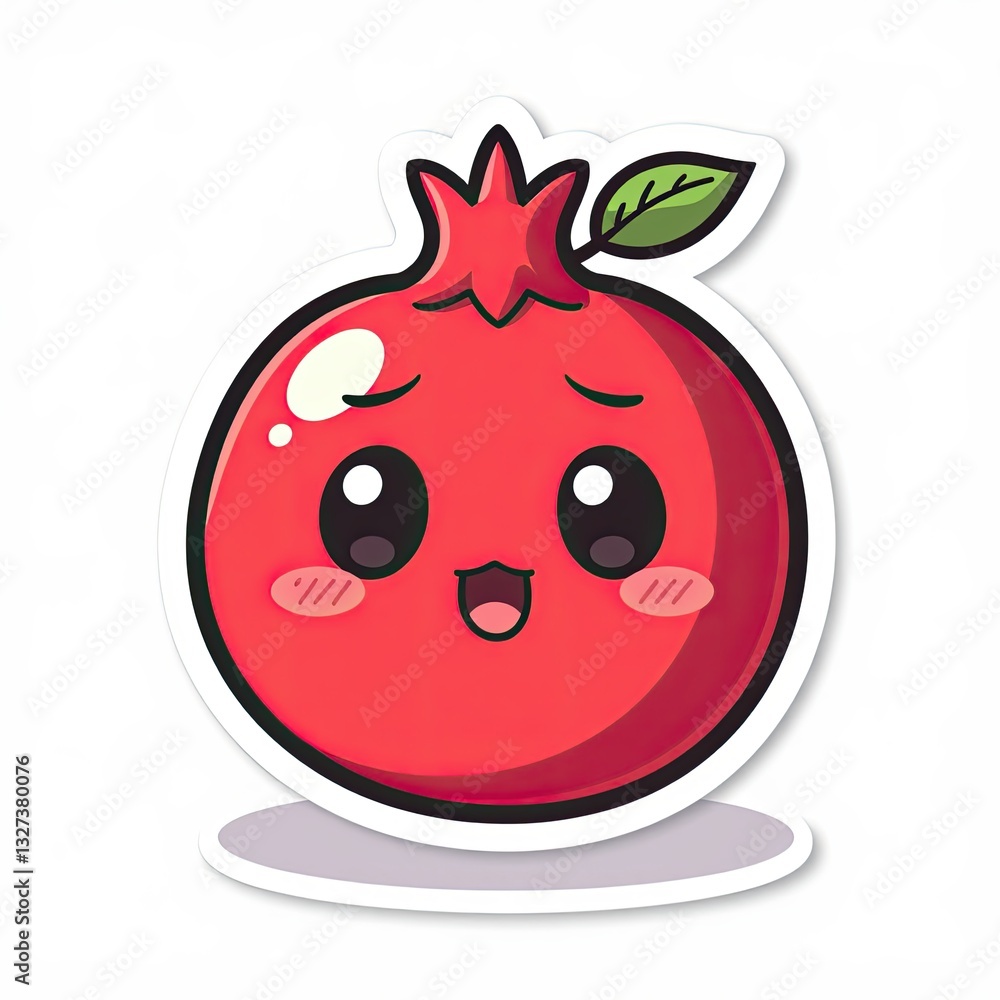 Obraz premium Cute Pomegranate Character with Happy Expression and Green Leaves