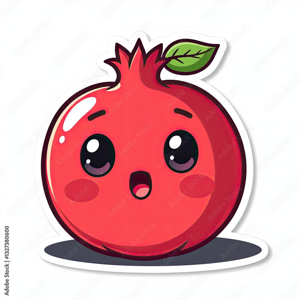 Fototapeta premium Cute Pomegranate Character with Happy Expression and Green Leaves