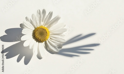 A single daisy lies on a white background with its long shadow