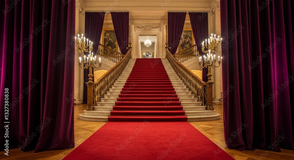 Fototapeta premium Grand Staircase Red Carpet Entrance - Elegant red carpet runner leading up a grand staircase in a luxurious building. Perfect for events, luxury, and success imagery