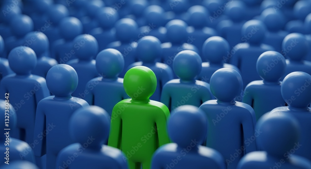 Obraz premium Green Figure in a Blue Crowd - A single green figure stands out amongst a multitude of blue figures, symbolizing individuality, uniqueness, difference, standing out, and nonconformity