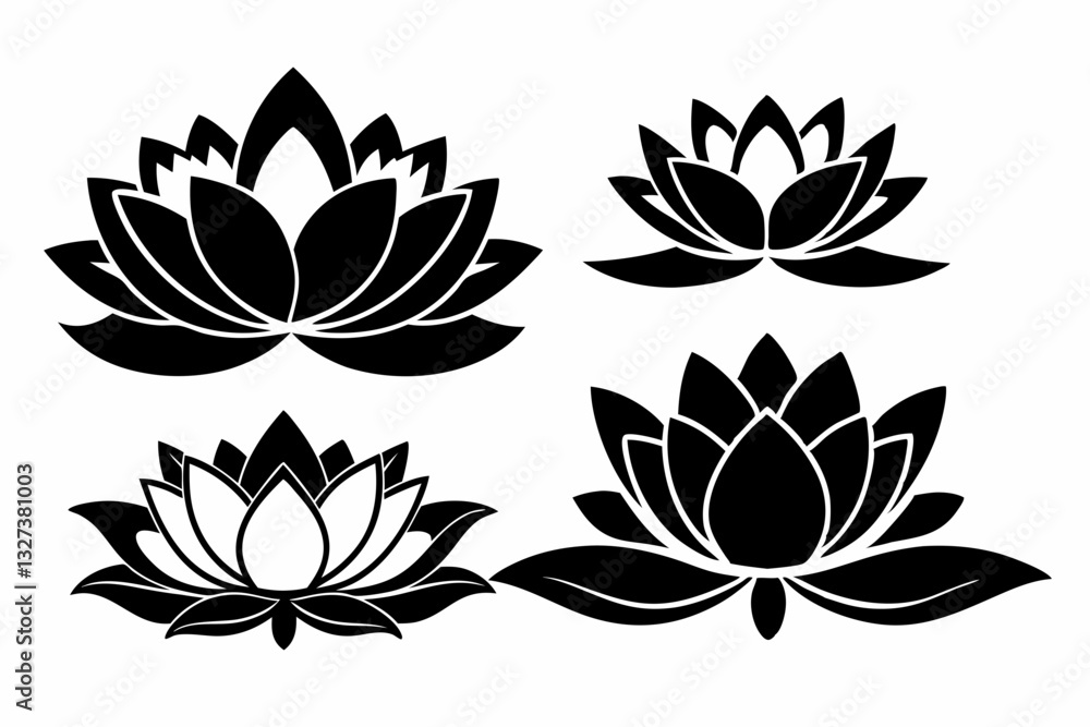 Fototapeta premium set of four lotus flowers line art silhouette vector illustration