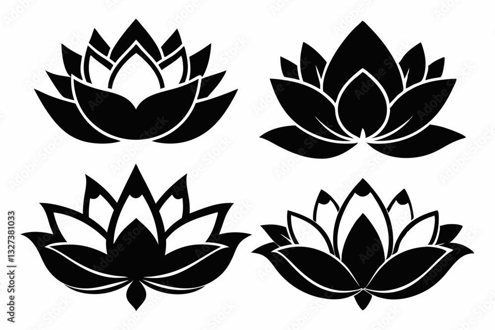 Fototapeta premium set of four lotus flowers line art silhouette vector illustration