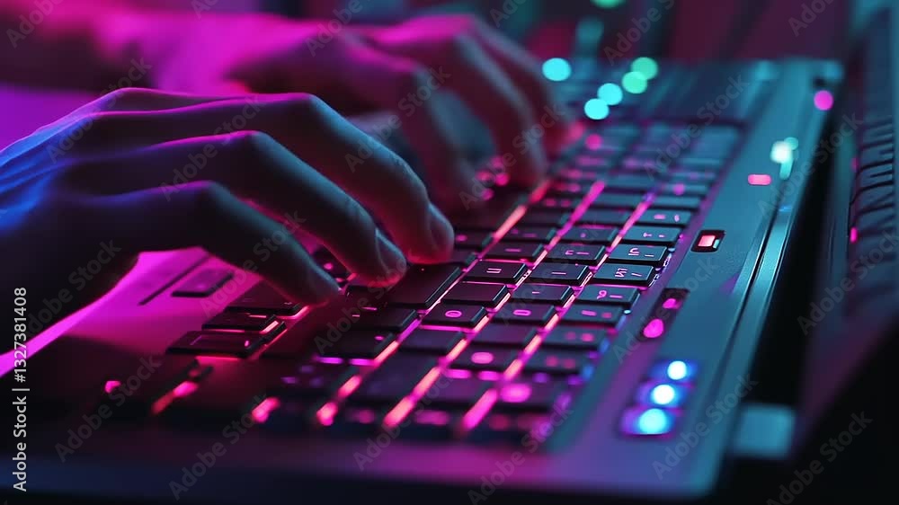 Close-up of hands typing on a vibrant, illuminated keyboard in a dimly lit environment Close-up of hands typing on a vibrant, illuminated keyboard in a dimly lit environment