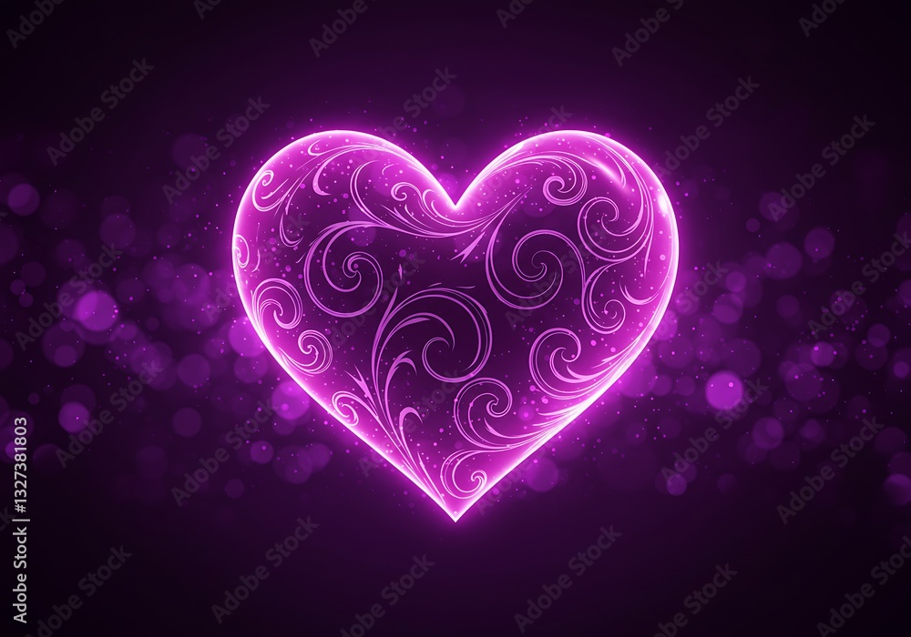 Glowing Heart with Floral Design Shines Brightly on Dark Background Glowing Heart with Floral Design Shines Brightly on Dark Background