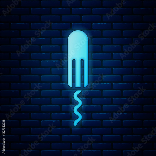 Glowing neon Menstruation and sanitary tampon icon isolated on brick wall background. Feminine hygiene product. Vector Illustration