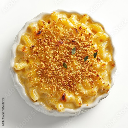 Aerial view of a gourmet mac and cheese dish in a bowl with creamy cheddar sauce and tasty toppings