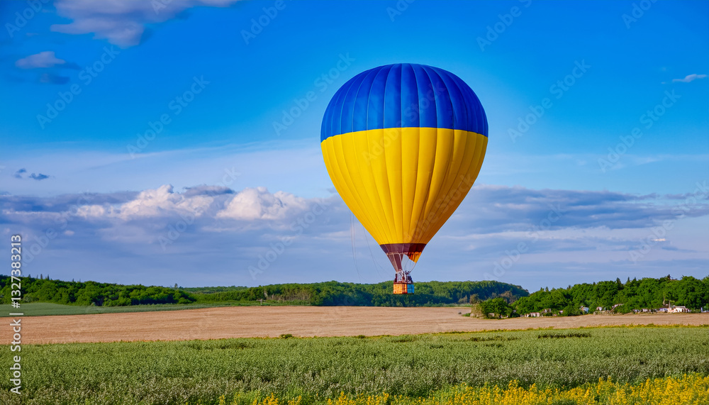 Obraz premium Colorful hot air balloon floats over a scenic rural landscape with green fields and blue skies