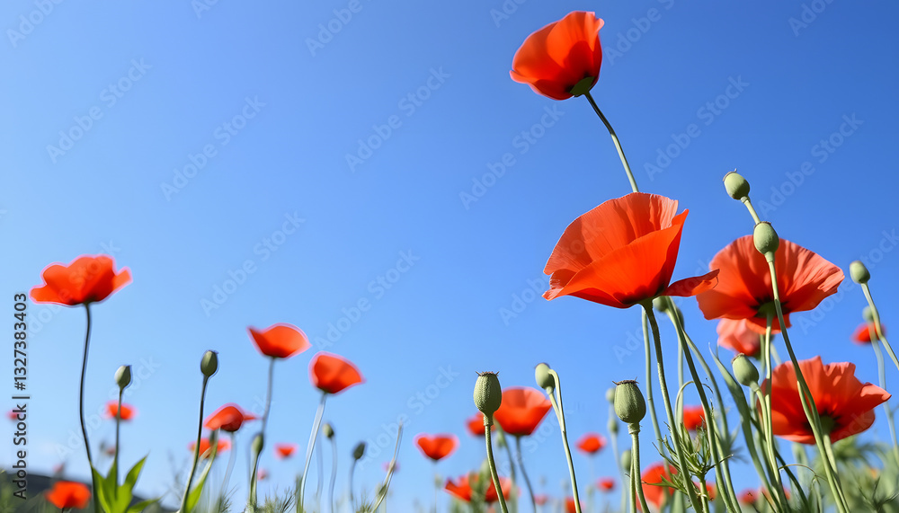 Obraz premium Beautiful natural wallpaper with red poppy flowers against the blue sky in the summertime, Dreamy. White tone