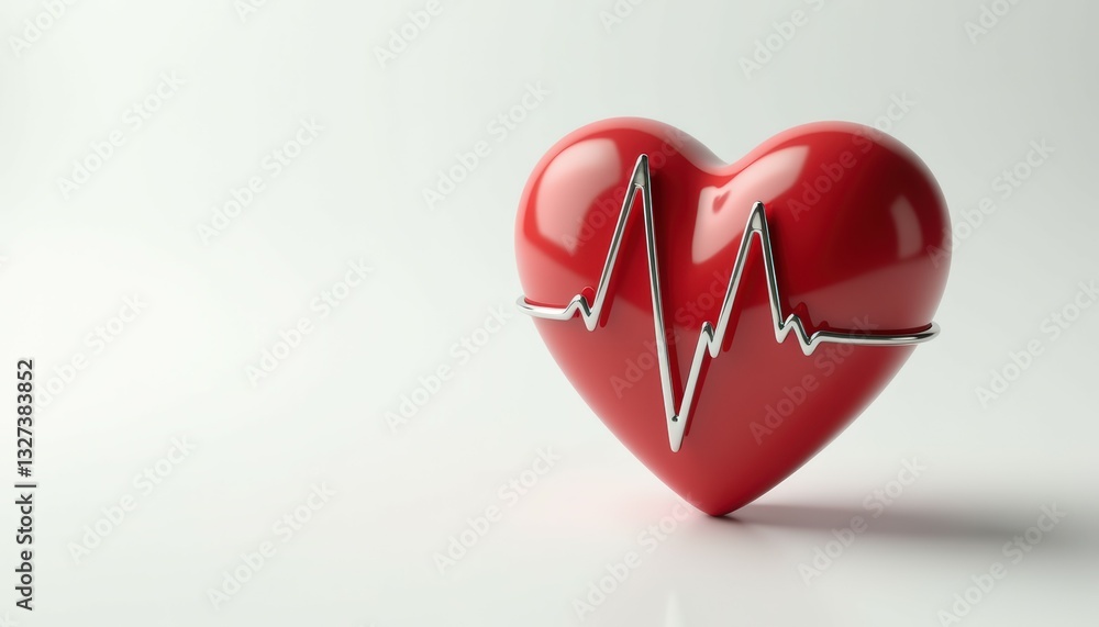 Volumetric glossy red heart with metal heartbeat line around it on white background, copy space. World heart day, awareness of cardiovascular disease concept, World Health Day, healthy lifestyle Volumetric glossy red heart with metal heartbeat line around it on white background, copy space. World heart day, awareness of cardiovascular disease concept, World Health Day, healthy lifestyle