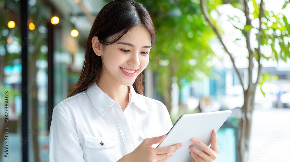 Skills for digital literacy growth. Smiling woman using a tablet outdoors in a green setting. Skills for digital literacy growth. Smiling woman using a tablet outdoors in a green setting.