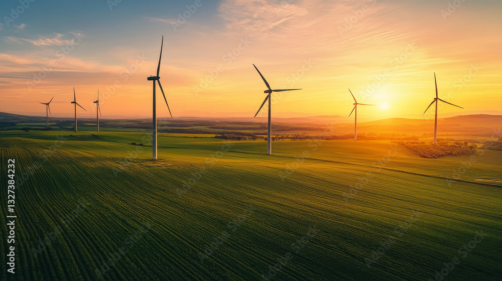 Wind turbines generate renewable energy at sunrise, set against a vast agricultural landscape, highlighting sustainability and environmental consciousness Wind turbines generate renewable energy at sunrise, set against a vast agricultural landscape, highlighting sustainability and environmental consciousness