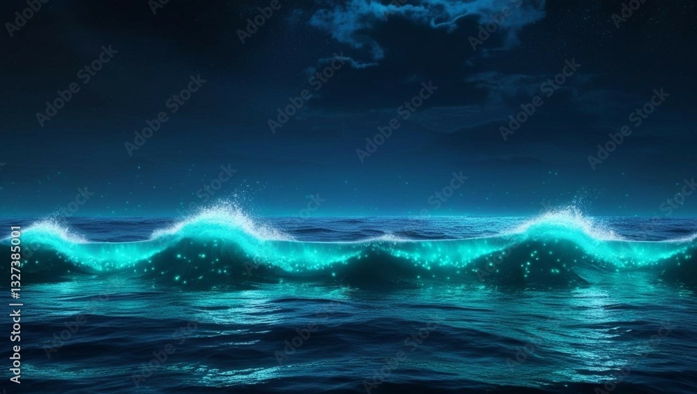 A mesmerizing background of glowing bioluminescent ocean waves crashing under a deep indigo night sky, illuminated by tiny plankton, creating an ethereal, magical, and futuristic ambiance perfect for A mesmerizing background of glowing bioluminescent ocean waves crashing under a deep indigo night sky, illuminated by tiny plankton, creating an ethereal, magical, and futuristic ambiance perfect for