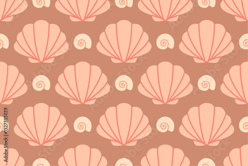 Seamless pattern with sea shells Hand drawn trendy flat style seashell. Tropical beach shells. Summer seamless pattern. Vector illustration