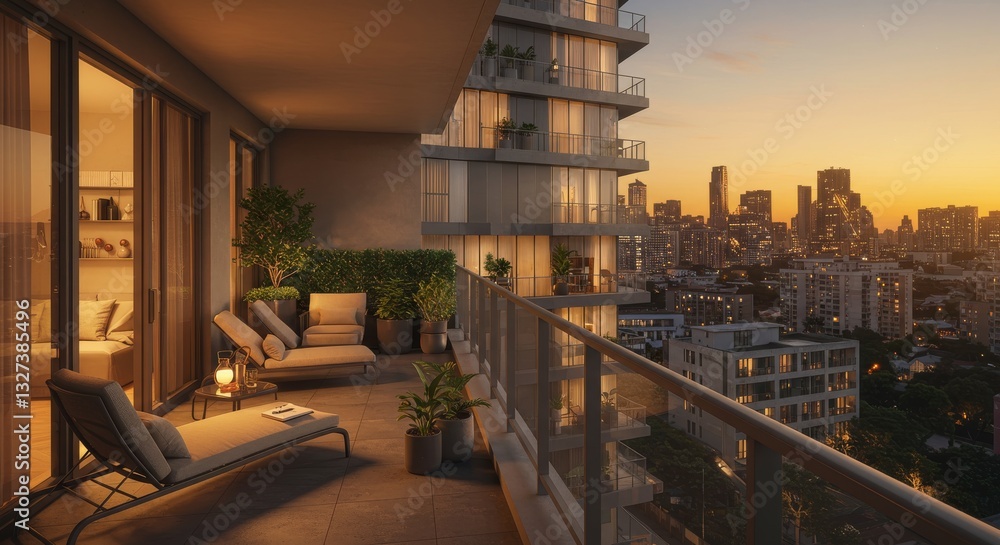 Modern Apartment Balcony City View at Sunset - Luxurious apartment balcony, sunset cityscape, modern furniture, relaxing ambiance, urban living