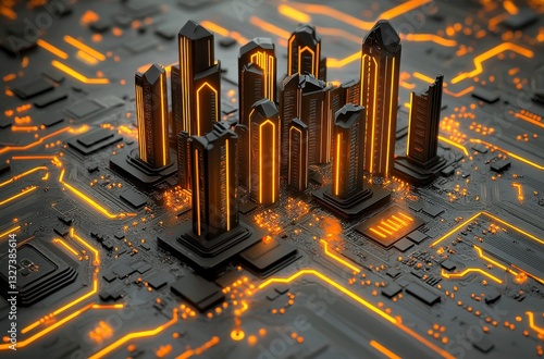 Glowing Orange Cityscape on Dark Circuit Board Futuristic Digital Architecture