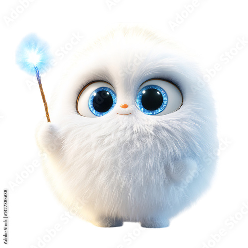 A Fluffy 3D Cartoon Cat Character Holding a Glowing Magic Wand Isolated on Transparent Background