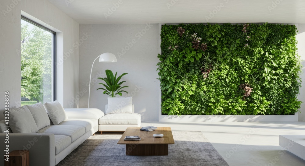 Naklejka premium Modern Living Room with Green Wall - Bright, modern living room featuring a large green wall, comfortable light grey sectional sofa