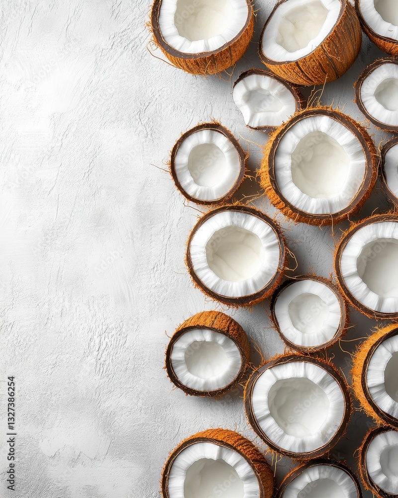 Halved Coconuts Arranged on Grey Background Halved Coconuts Arranged on Grey Background