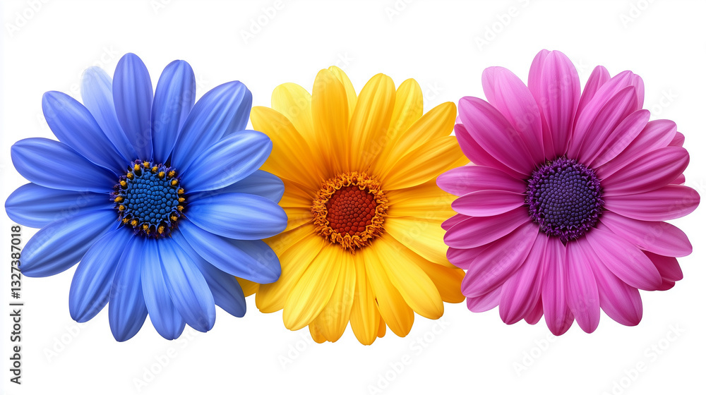 Three flowers of different colors are arranged in a row Three flowers of different colors are arranged in a row