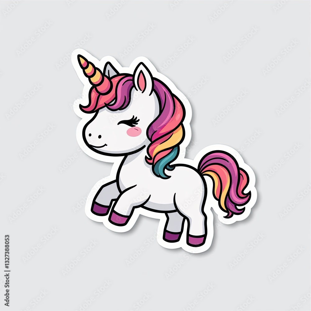 Fototapeta premium Cute Cartoon Unicorn Character with Colorful Mane and Horn