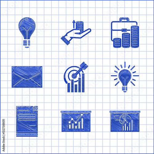 Set Target with graph chart, Board, Light bulb rays shine and concept of idea, Document, Envelope, Briefcase coin and icon. Vector