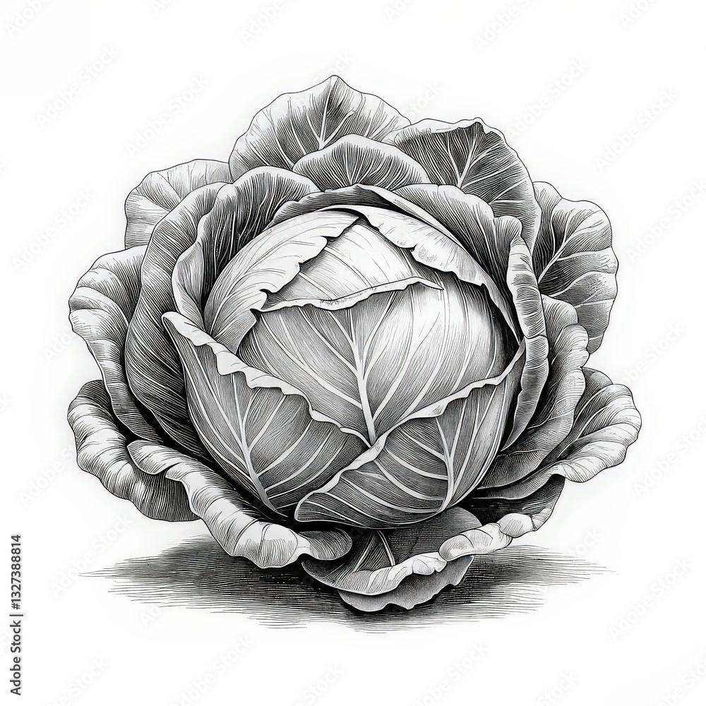Obraz premium Black and white drawing of a cabbage head on a white background