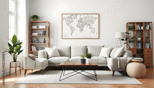 Wallpaper Mural Cozy interior with stylish sofa, design coffee table, bookcase, plants, carpet, decoration, mock up poster map and elegant personal accessories. Neutral living room in classic house. Template, studi Torontodigital.ca