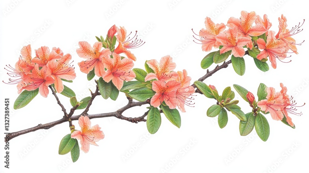 Peach Azalea Branch Blossom Closeup Detailed Floral Illustration Peach Azalea Branch Blossom Closeup Detailed Floral Illustration