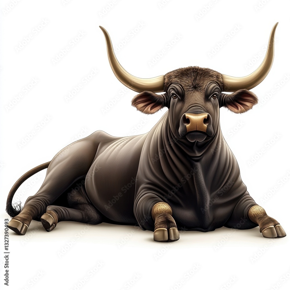 Naklejka premium Powerful Dark Brown Bull with Long Horns Lying Down on White Background