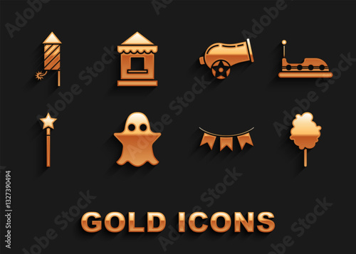 Set Ghost, Bumper car, Cotton candy, Carnival garland with flags, Magic wand, Cannon, Firework rocket and Ticket box office icon. Vector