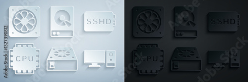 Set Computer cooler, SSHD card, Processor with CPU, monitor, Hard disk drive HDD and icon. Vector